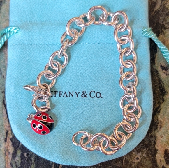 TIFFANY & CO STERLING SILVER ROUND LINK BRACELET LADY BUG CHARM LOBSTER CLAW 7" - Picture 2 of 8